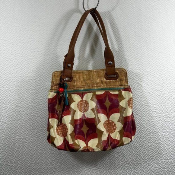 Vintage Fossil Coated Canvas Floral Theme Key Per Tote Bag Shoulder Bag‎ Purse - Picture 1 of 13